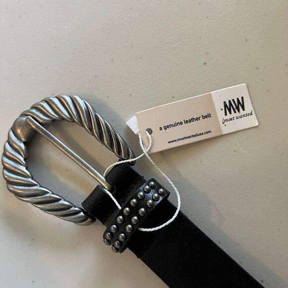 MW Black Genuine Leather Silver Studded Chunky Buckle Belt Size Small NEW - Picture 6 of 11